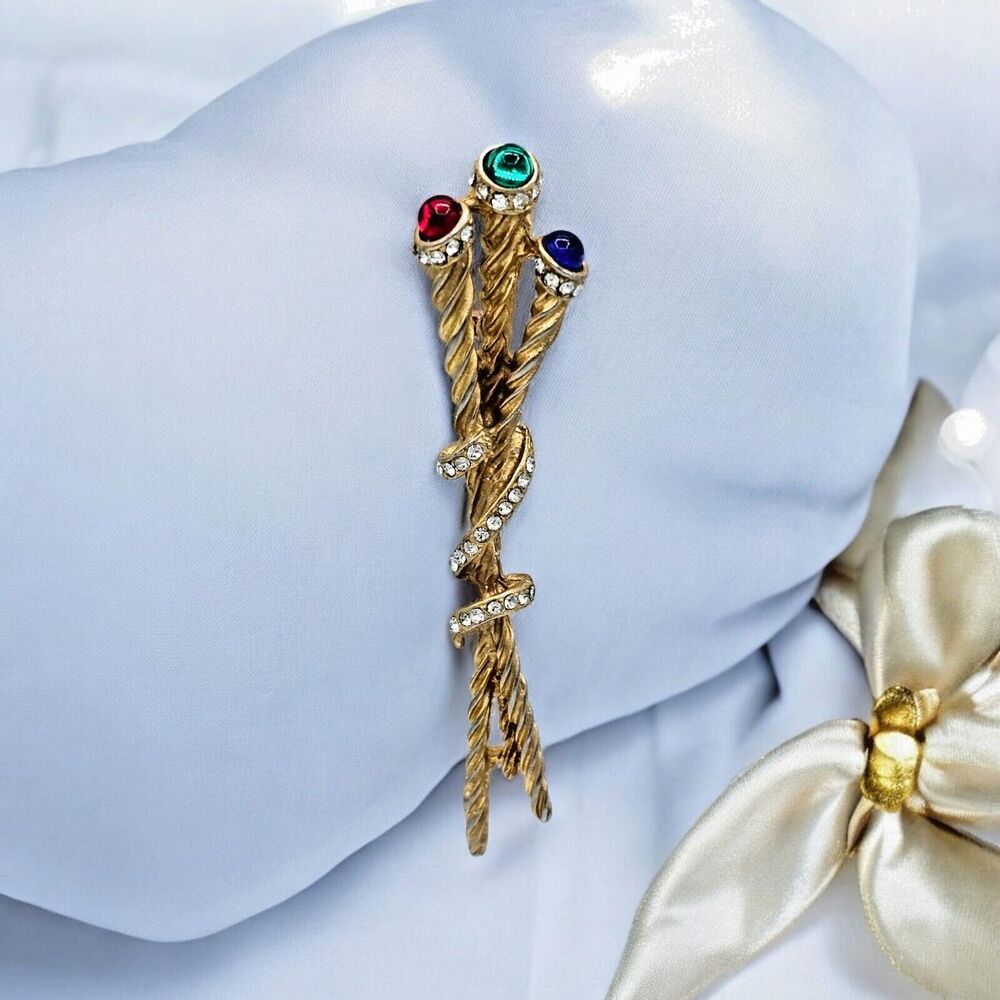 Vintage Gripoix Brooch Royal Scepter Ornamented Staff Red Green Blue Jeweled Pin
